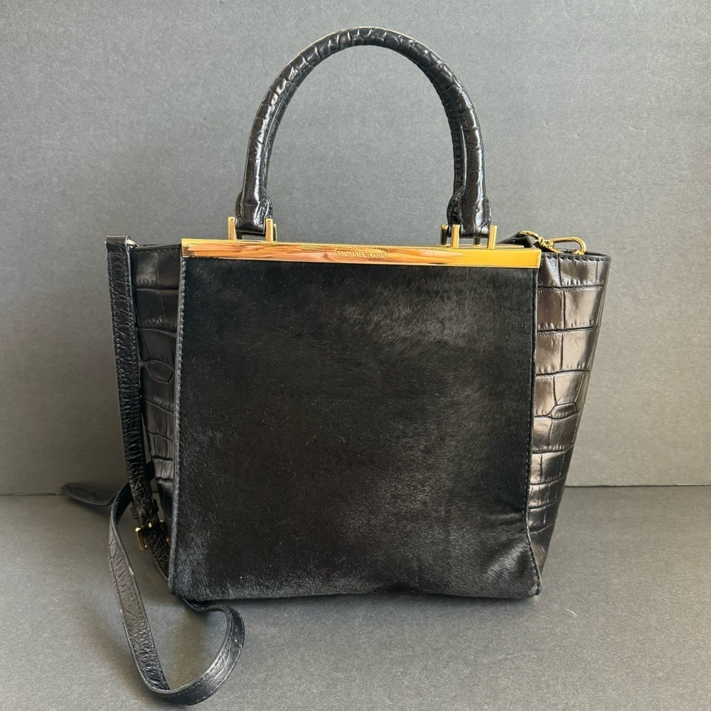 Michael Kors Lana Black Purse Calf Hair Croc Embossed Leather Bag Top Handle - Picture 7 of 16